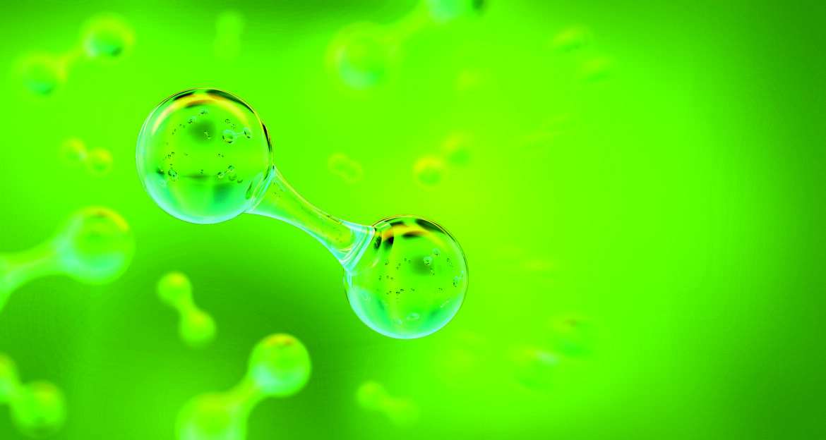 Green Hydrogen H2 gas molecule. Production of green hydrogen ene