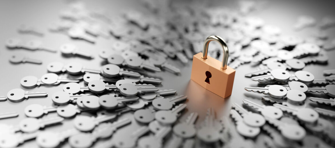 One padlock with infinite keys, metaphor of problems, solutions  and risk management; original 3d rendering