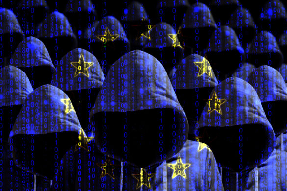 Group of hooded hackers shining through a digital european flag