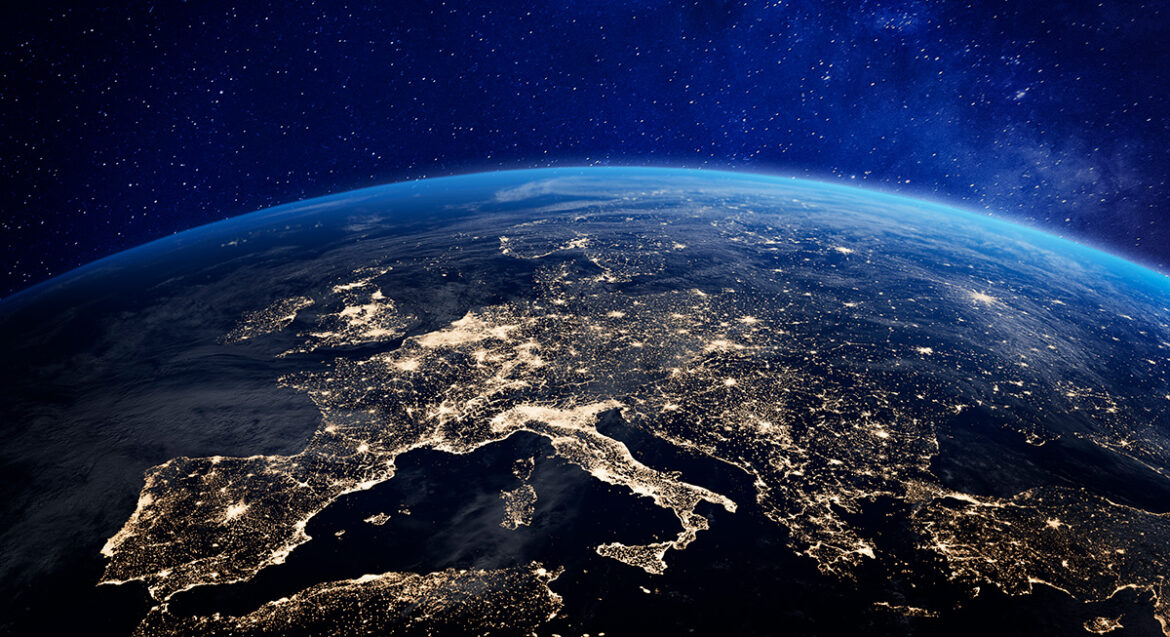 Europe at night as seen from space with city lights reveals human activity in Germany, France, Spain, Italy, and other countries Europe at night as seen from space with city lights reveals human activity in Germany, France, Spain, Italy, and other countries