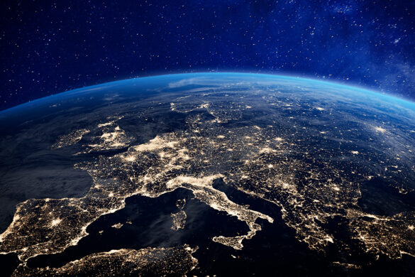 Europe at night as seen from space with city lights reveals human activity in Germany, France, Spain, Italy, and other countries