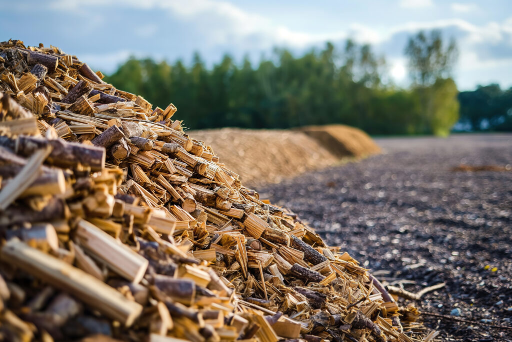 A pile of wood chips lies outdoors, biomass potential for sustainable energy