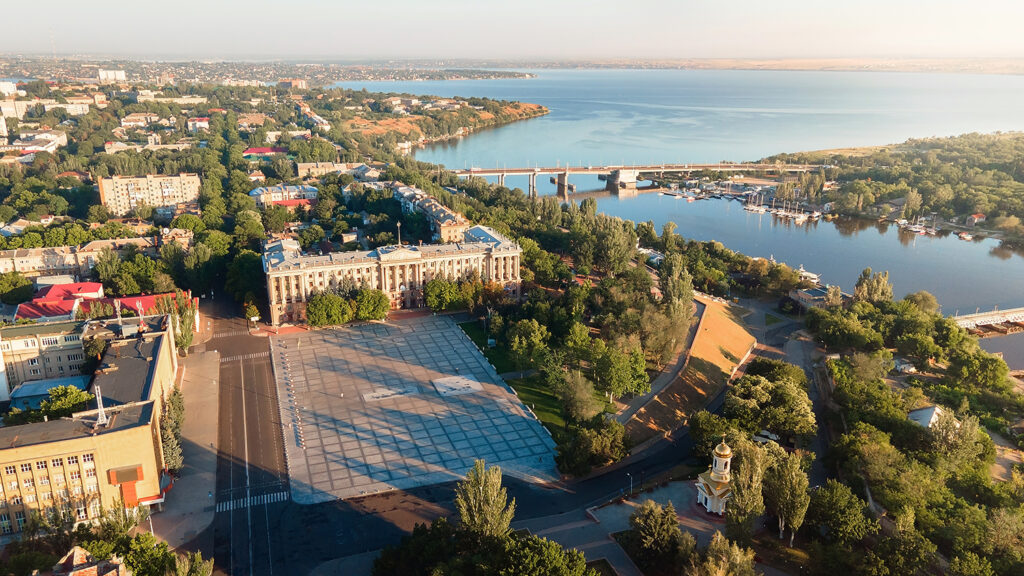 City peninsula over the river in Ukraine, Nikolaev. River port, Mykolaiv