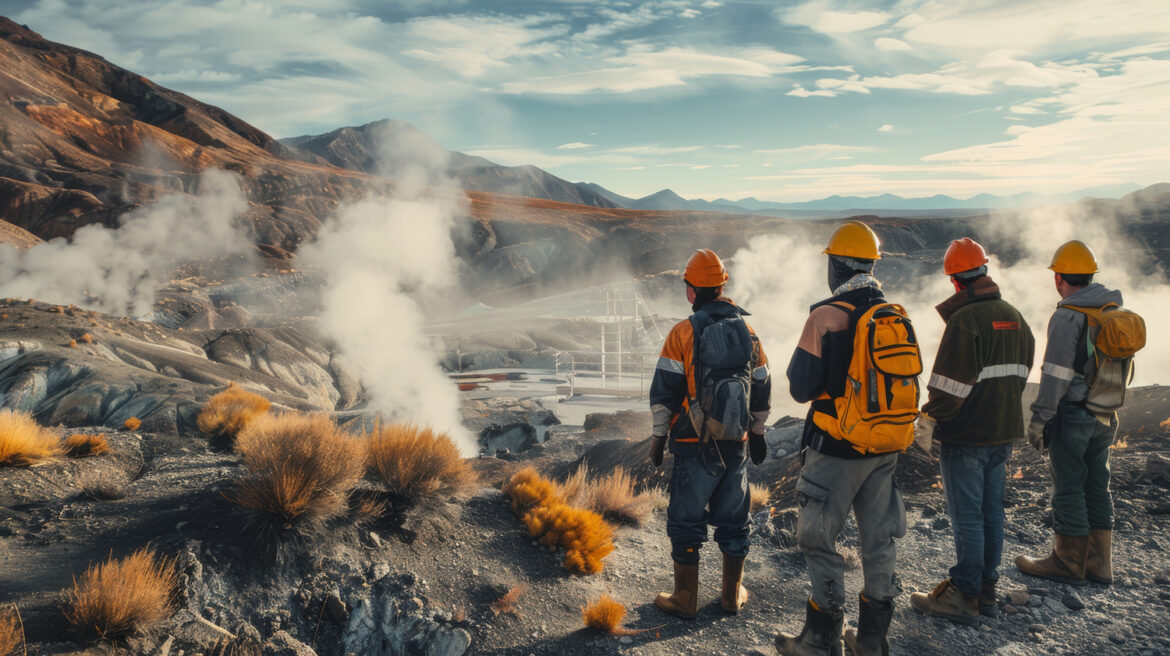 A group of workers in safety gear stand observing geothermal steam vents in a mountainous landscape.