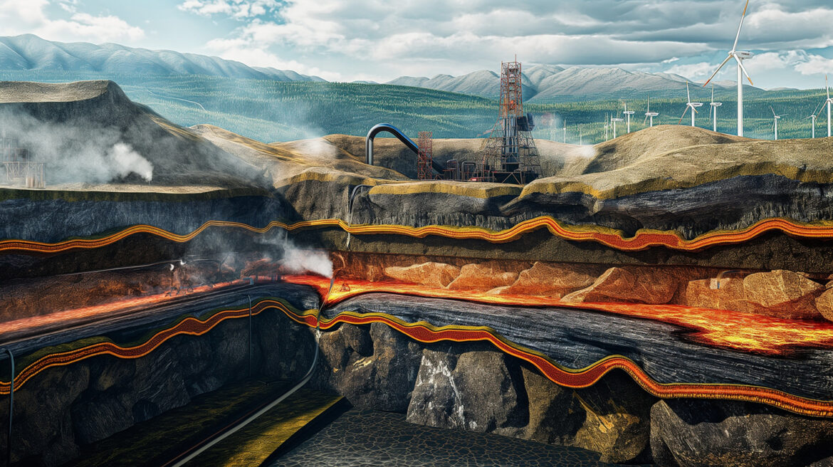 An underground cross-section illustration of geothermal heat being harnessed. The image shows layers of the Earth, with heat being transferred from hot rocks to water