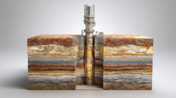 Well Cross-Section, a 3D cross-section of a geothermal well, showing a pipe going deep into the earth's hot layers