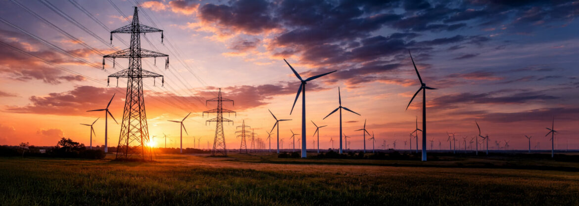 AI-generated - power grid and wind mills on sunset horizon