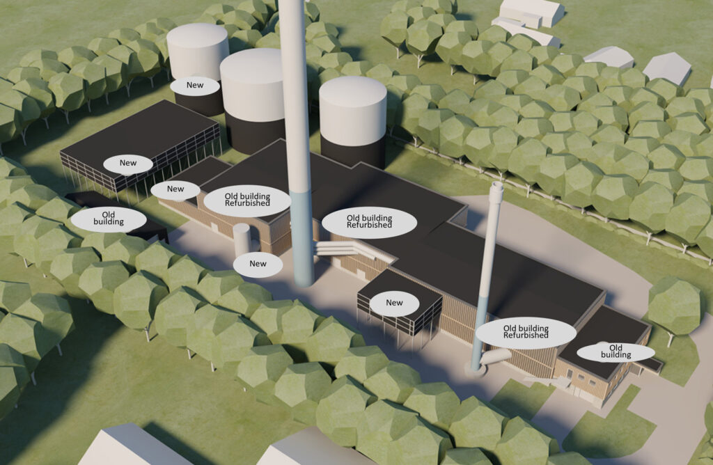 Figure 1. Layout of the new plant. Besides layout of the new plant, new claddings are suggested but not part of the solution planned so far. Illustration source by P+P Architects in Aarhus 